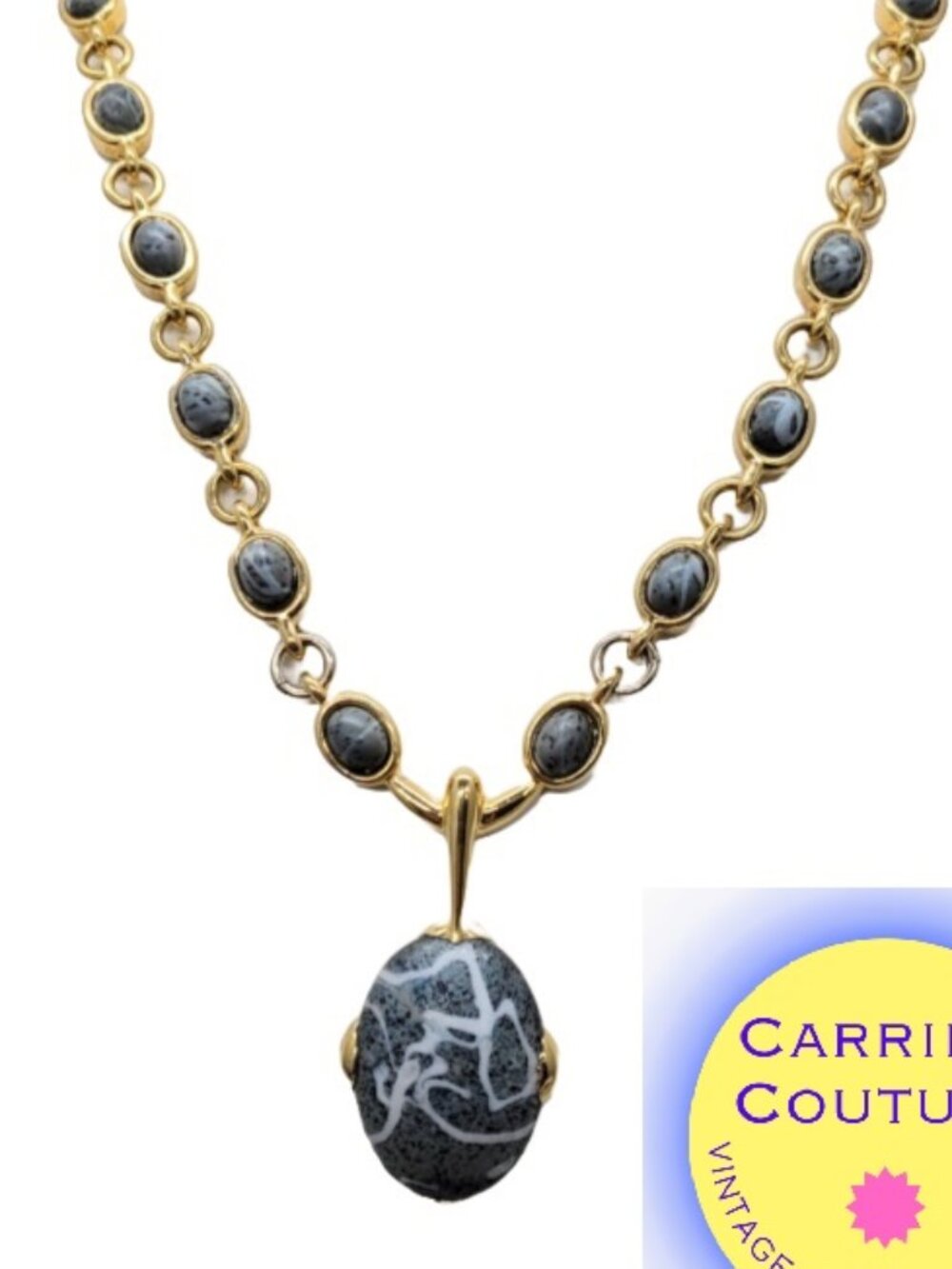 Vintage 1960s Signed Jomaz Goldtone Grey & White Cabochon Necklace